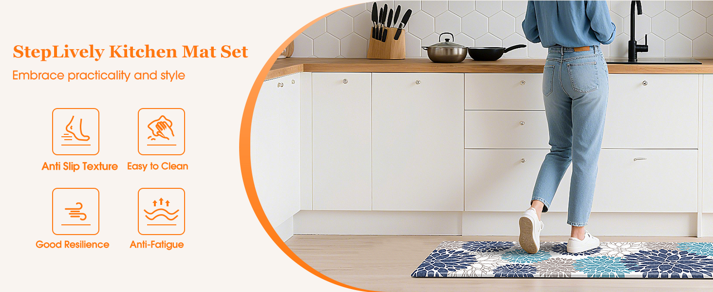 StepLively Kitchen Mats for Floor, Anti Fatigue Mats for Kitchen Floor, Kitchen Decor and Accessories Non Slip Washable Mats Set of 2 for Sink, Office, Laundry, 17.3