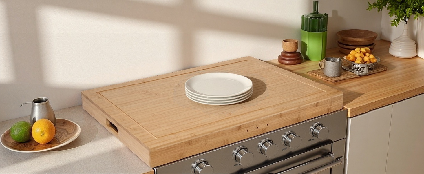 Acacia Wood Stove Cover for Gas & Electric Burners, 28.82”x20.83”x2.12'' (Inner) Noodle Board with Handles, Cutting Board with Juice Groove, Serving Tray (Natural Acacia)