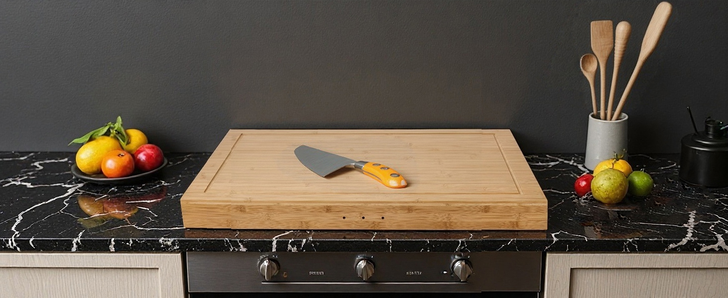 Acacia Wood Stove Cover for Gas & Electric Burners, 28.82”x20.83”x2.12'' (Inner) Noodle Board with Handles, Cutting Board with Juice Groove, Serving Tray (Natural Acacia)