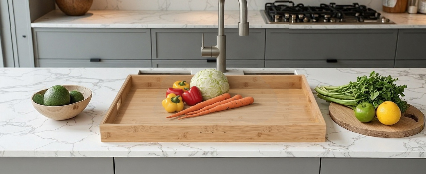 Acacia Wood Stove Cover for Gas & Electric Burners, 28.82”x20.83”x2.12'' (Inner) Noodle Board with Handles, Cutting Board with Juice Groove, Serving Tray (Natural Acacia)