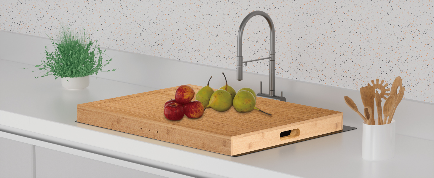 Acacia Wood Stove Cover for Gas & Electric Burners, 28.82”x20.83”x2.12'' (Inner) Noodle Board with Handles, Cutting Board with Juice Groove, Serving Tray (Natural Acacia)