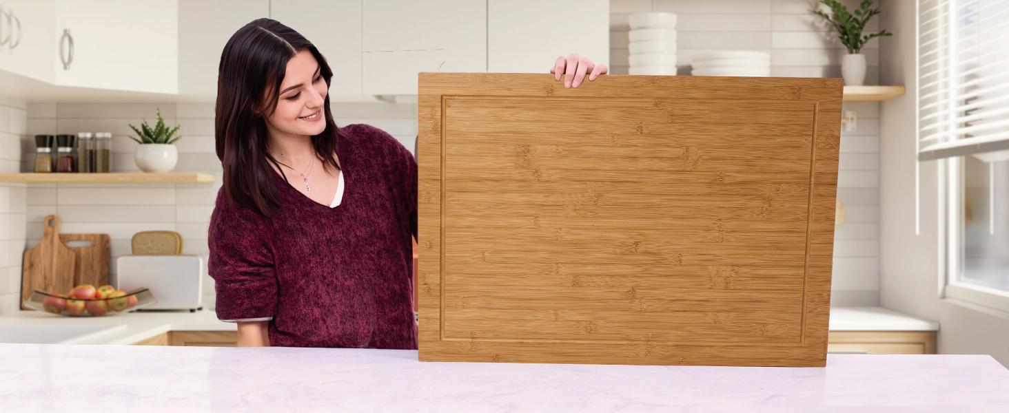 Acacia Wood Stove Cover for Gas & Electric Burners, 28.82”x20.83”x2.12'' (Inner) Noodle Board with Handles, Cutting Board with Juice Groove, Serving Tray (Natural Acacia)