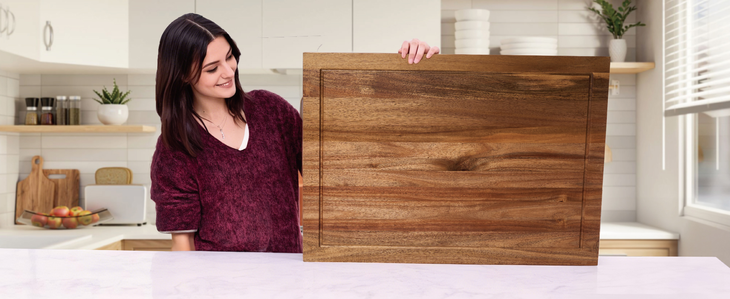 Acacia Wood Stove Cover for Gas & Electric Burners, 28.82”x20.83”x2.12'' (Inner) Noodle Board with Handles, Cutting Board with Juice Groove, Serving Tray (Natural Acacia)