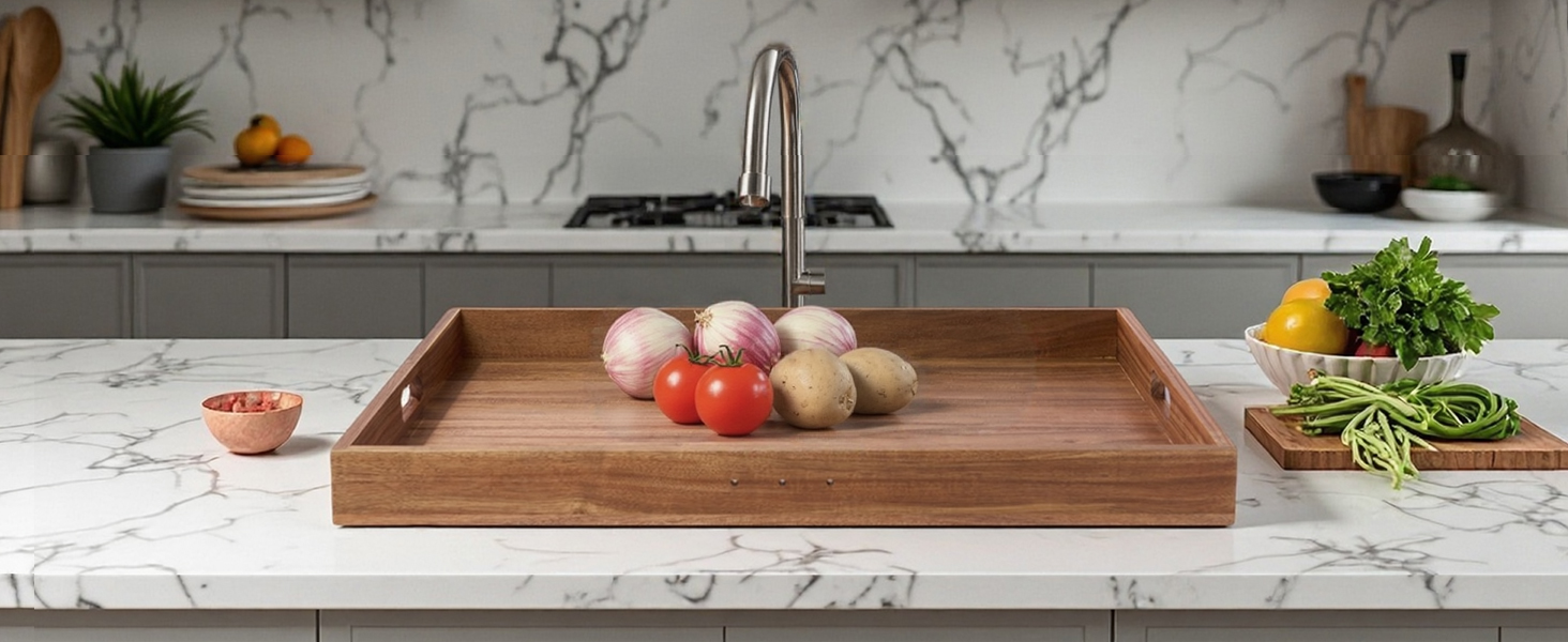 Acacia Wood Stove Cover for Gas & Electric Burners, 28.82”x20.83”x2.12'' (Inner) Noodle Board with Handles, Cutting Board with Juice Groove, Serving Tray (Natural Acacia)