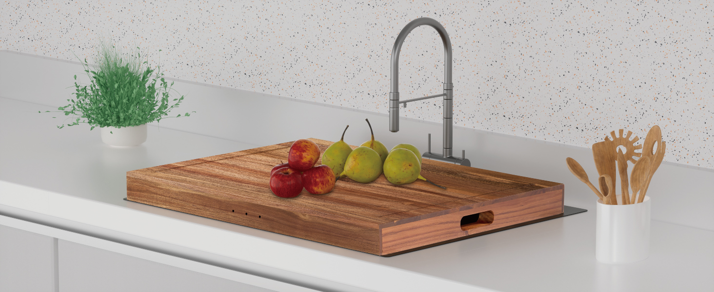 Acacia Wood Stove Cover for Gas & Electric Burners, 28.82”x20.83”x2.12'' (Inner) Noodle Board with Handles, Cutting Board with Juice Groove, Serving Tray (Natural Acacia)