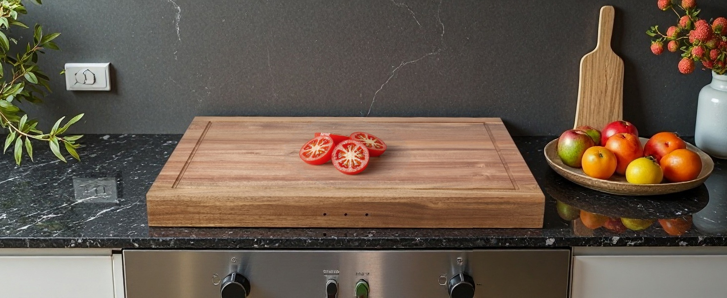 Acacia Wood Stove Cover for Gas & Electric Burners, 28.82”x20.83”x2.12'' (Inner) Noodle Board with Handles, Cutting Board with Juice Groove, Serving Tray (Natural Acacia)