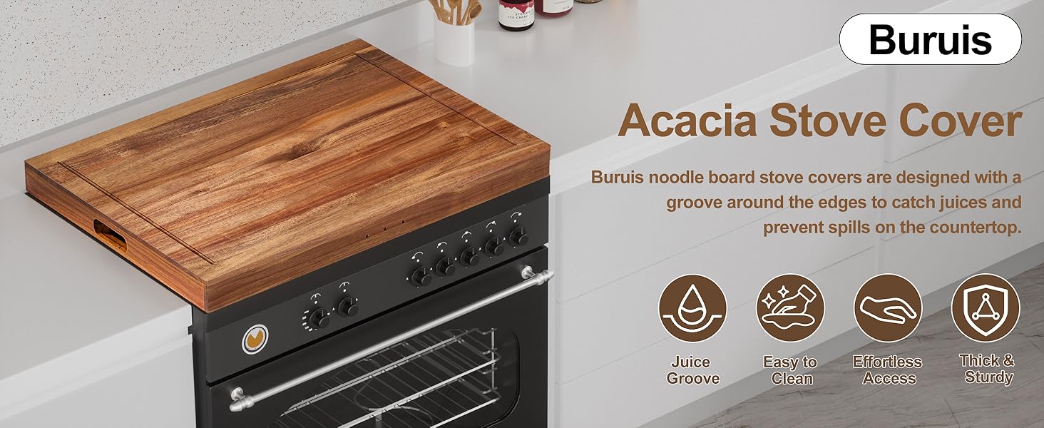 Acacia Wood Stove Cover for Gas & Electric Burners, 28.82”x20.83”x2.12'' (Inner) Noodle Board with Handles, Cutting Board with Juice Groove, Serving Tray (Natural Acacia)
