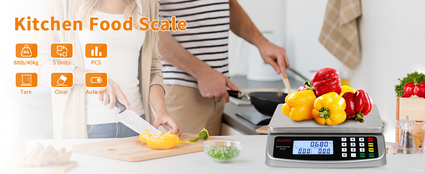 Food Scale 88lb/40kg Large Digital Kitchen Scale 0.05oz/1g with Price Computing Commercial Scale 304 Stainless Steel gram Scale for Baking Cooking Meat Restaurant ，USB or AA Battery(Included)