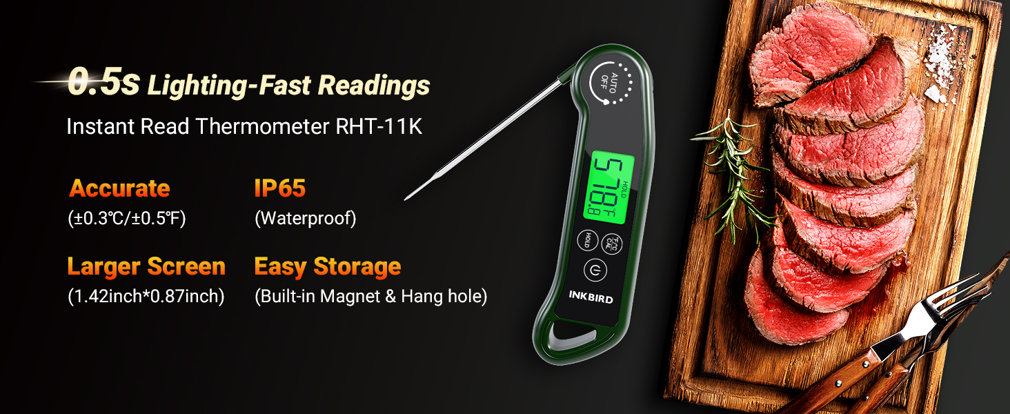 INKBIRD 0.5 Seconds Instant Read Meat Thermometer for Cooking RHT-11K, ±0.5℉ Accuracy Digital Food Thermometer with 1.42inch Large Screen, Waterproof Kitchen Thermometer for Candy, Grill, BBQ, Brewing