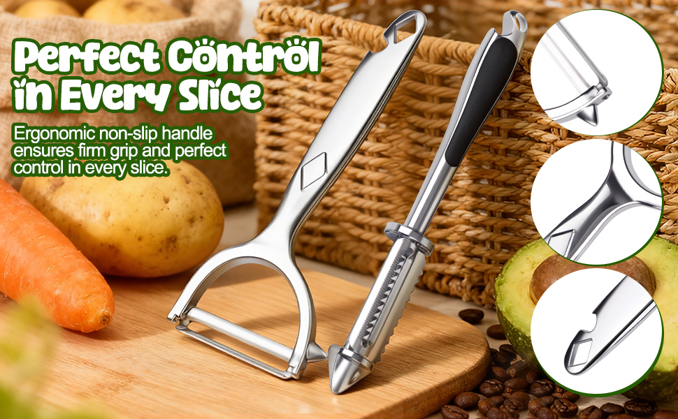 5-in-1 Vegetable Fruit Peeler Set, Y & I-Shaped Stainless Steel Blades with Ergonomic Non-Slip Handle, Sharp Kitchen Peeler for Fruits Carrots Potatoes (2-Pack)
