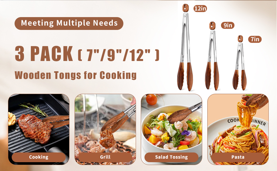 Wooden Tongs for Cooking Set of 3 (7