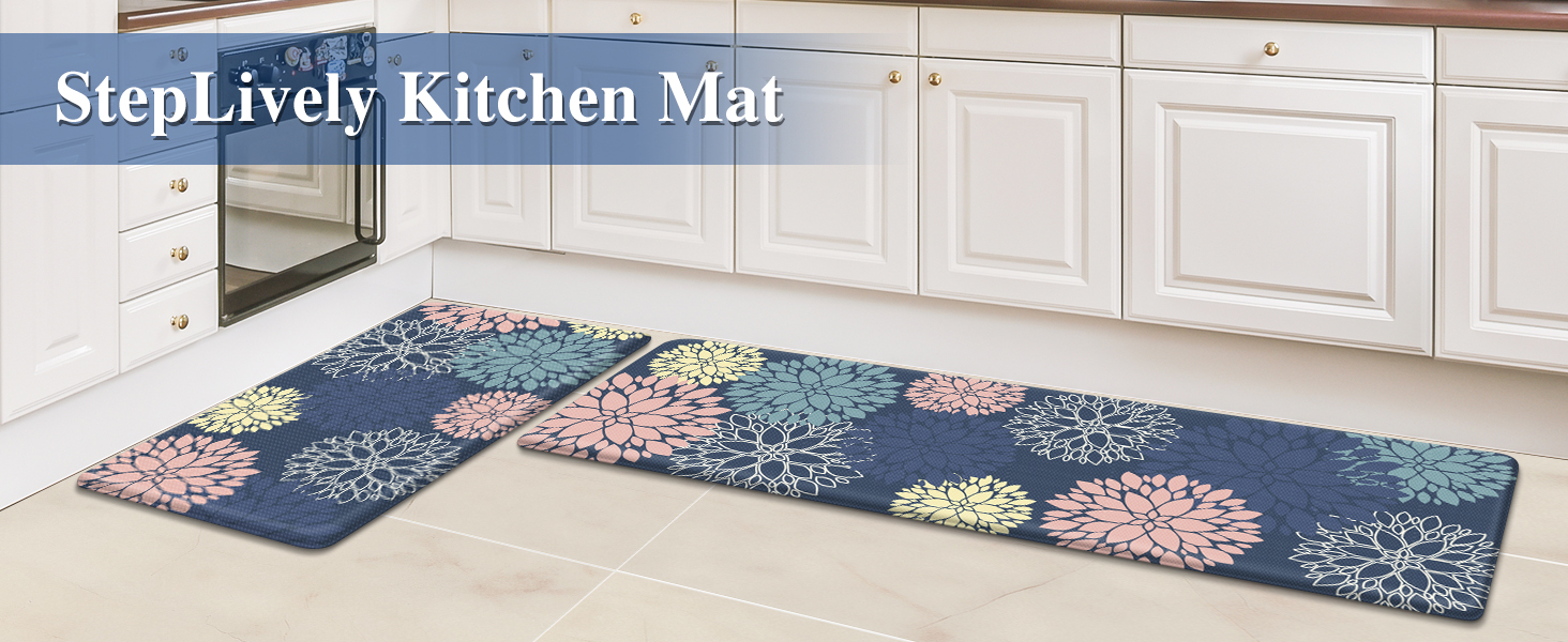 StepLively Kitchen Mats, 2 PCS Cushioned Anti-Fatigue Floral Pattern, Oeko-TEX Certified Washable Non-Slip Standing Mats for Kitchen, Office, Sink & Laundry (17.3