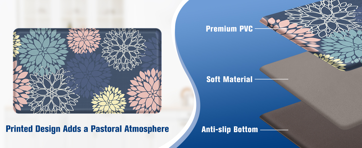 StepLively Kitchen Mats, 2 PCS Cushioned Anti-Fatigue Floral Pattern, Oeko-TEX Certified Washable Non-Slip Standing Mats for Kitchen, Office, Sink & Laundry (17.3
