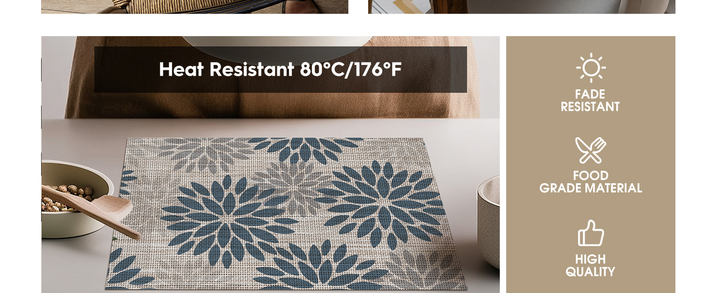 Artoid Mode Floral Vinyl Plistic Placemats Set of 6, Heat Resistant Washable Non-Slip PVC Place Mats for Party Kitchen Dining Decor, Blue Grey