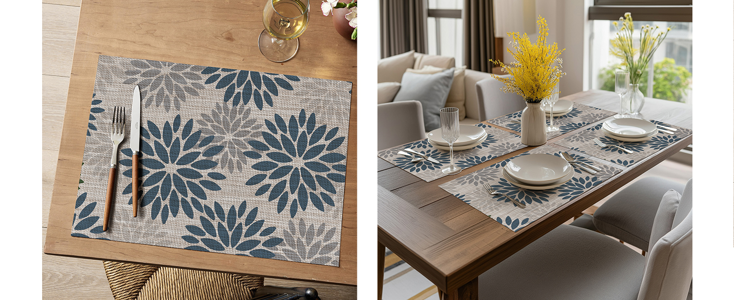 Artoid Mode Floral Vinyl Plistic Placemats Set of 6, Heat Resistant Washable Non-Slip PVC Place Mats for Party Kitchen Dining Decor, Blue Grey