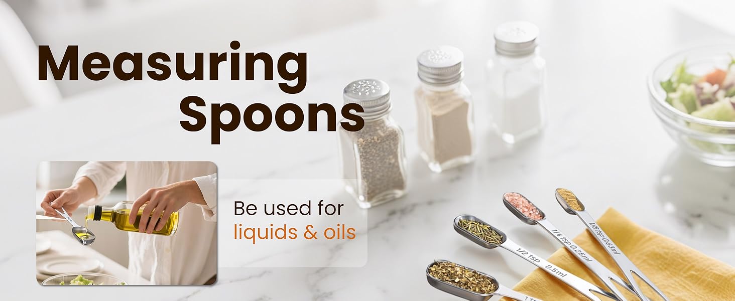 6PCS Narrow Measuring Spoons Set, Stainless Steel Measuring Spoon Fits in Spice Jars, Metal Teaspoon Measuring Spoons, Rectangular Tablespoon, Long Measuring Spoons for Dry & Liquid Ingredients