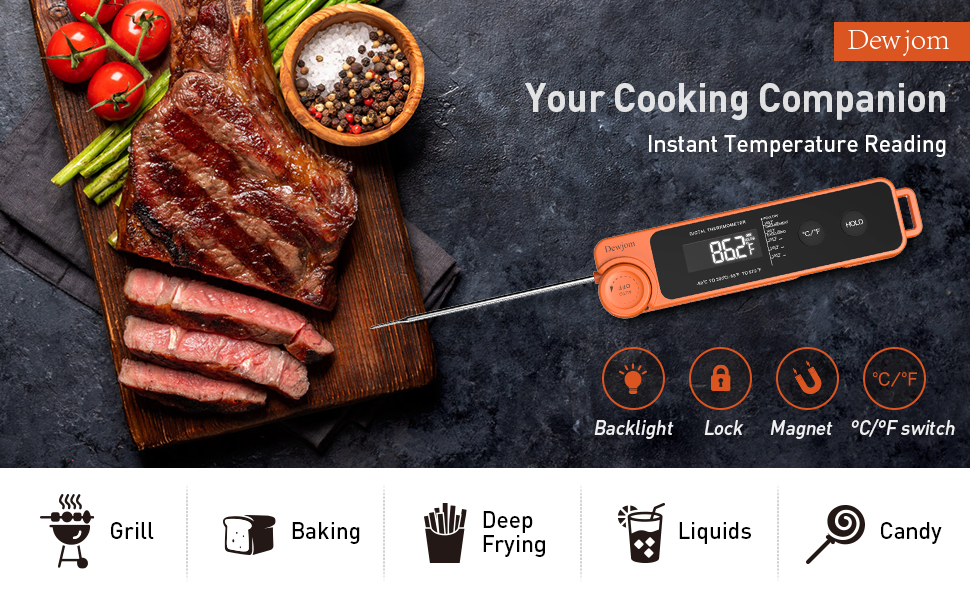 0.5 Sec Instant Read Meat Thermometer for Cooking, Ultra-Fast Digital Food Thermometer with Backlight, ±0.5°F Accuracy, IP67 Waterproof，Auto-Rotate/On/Off–Perfect for Grilling, BBQ, Smoker-Tangerine