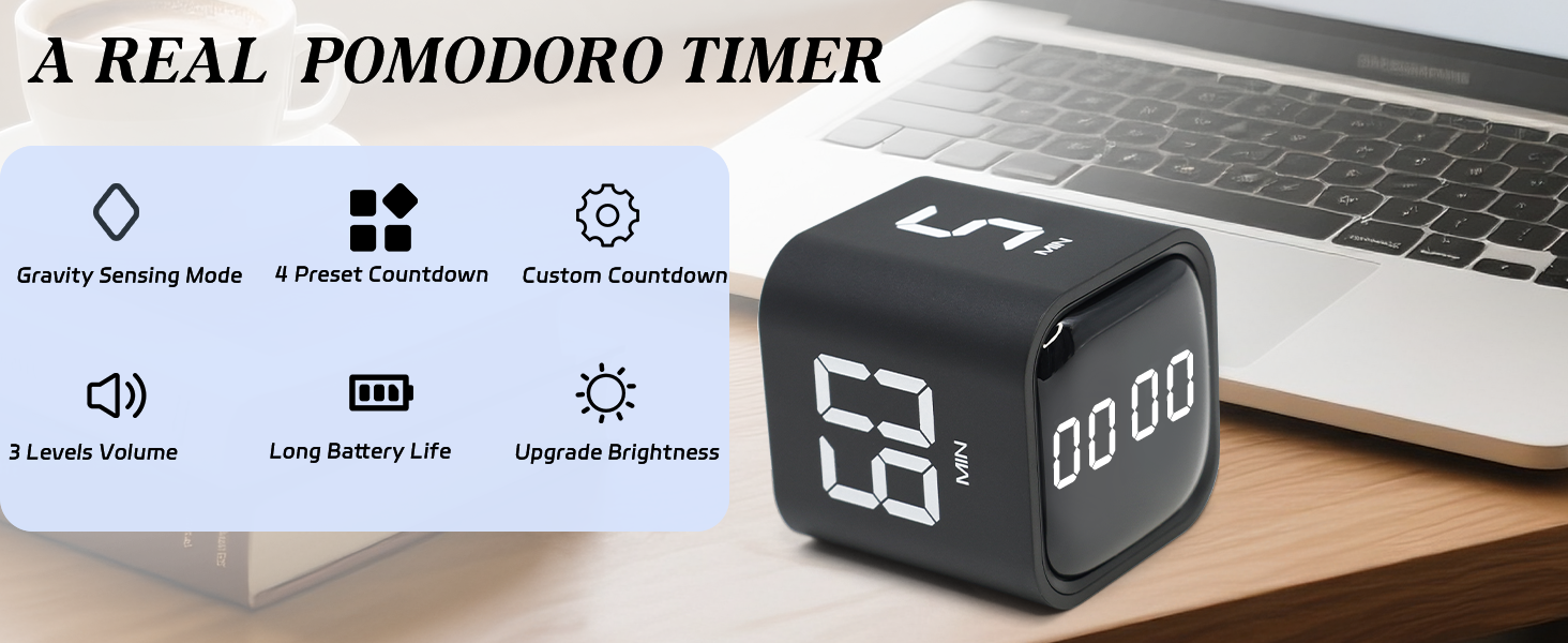 Rotating Pomodoro Timer 5,10,30, 60 Minutes Preset,Desk Productivity Flip Timer, Visual Cube Countdown Stopwatch,Custom Modes/Vibration/High/Low Volume,ADHD Timers, for Study, Work, School, Kitchen