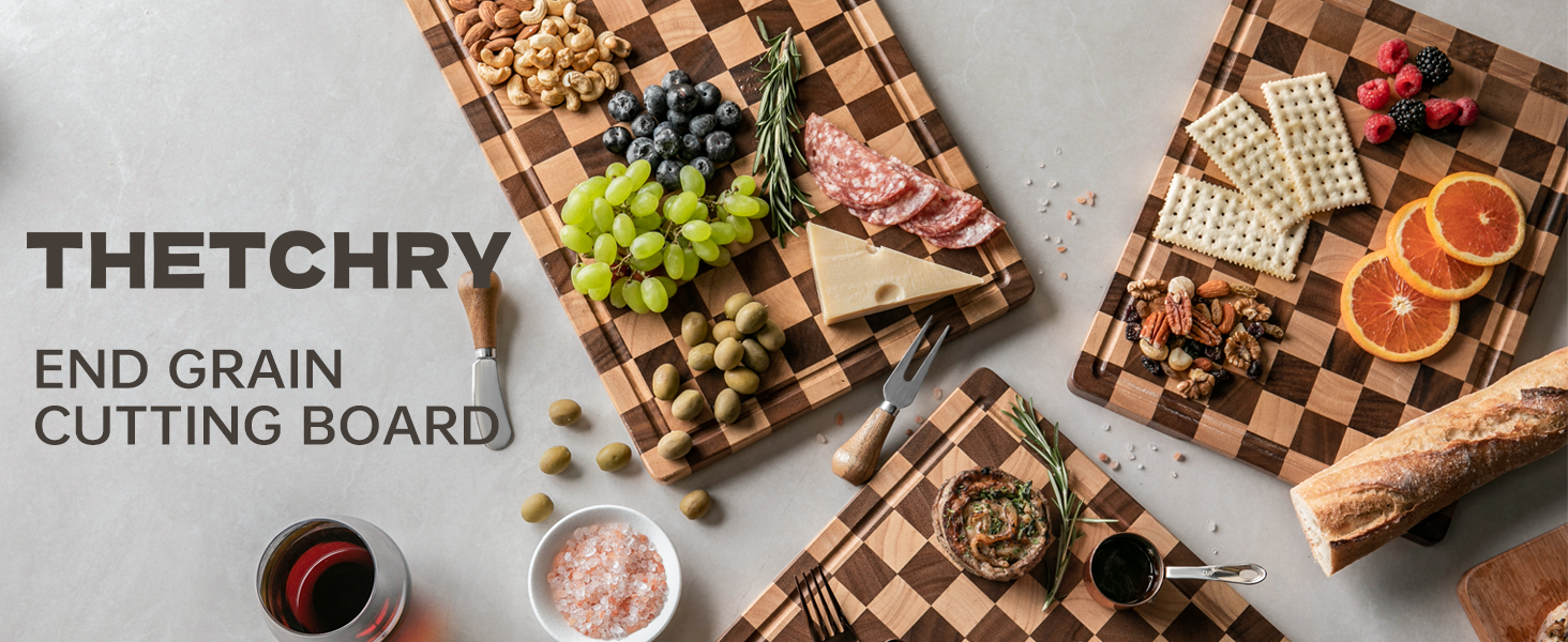 Cutting Boards for Kitchen, Checkered Cutting Board Upgraded, Acacia Wood Chopping Board with Juice Grooves & Handles, Large Butcher Block Serving Tray with Gift Box, 16.5" x 11.6" x 0.8"