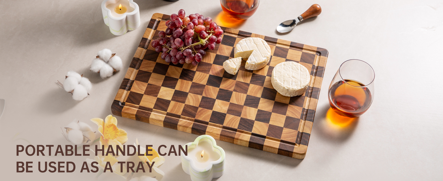 Cutting Boards for Kitchen, Checkered Cutting Board Upgraded, Acacia Wood Chopping Board with Juice Grooves & Handles, Large Butcher Block Serving Tray with Gift Box, 16.5" x 11.6" x 0.8"