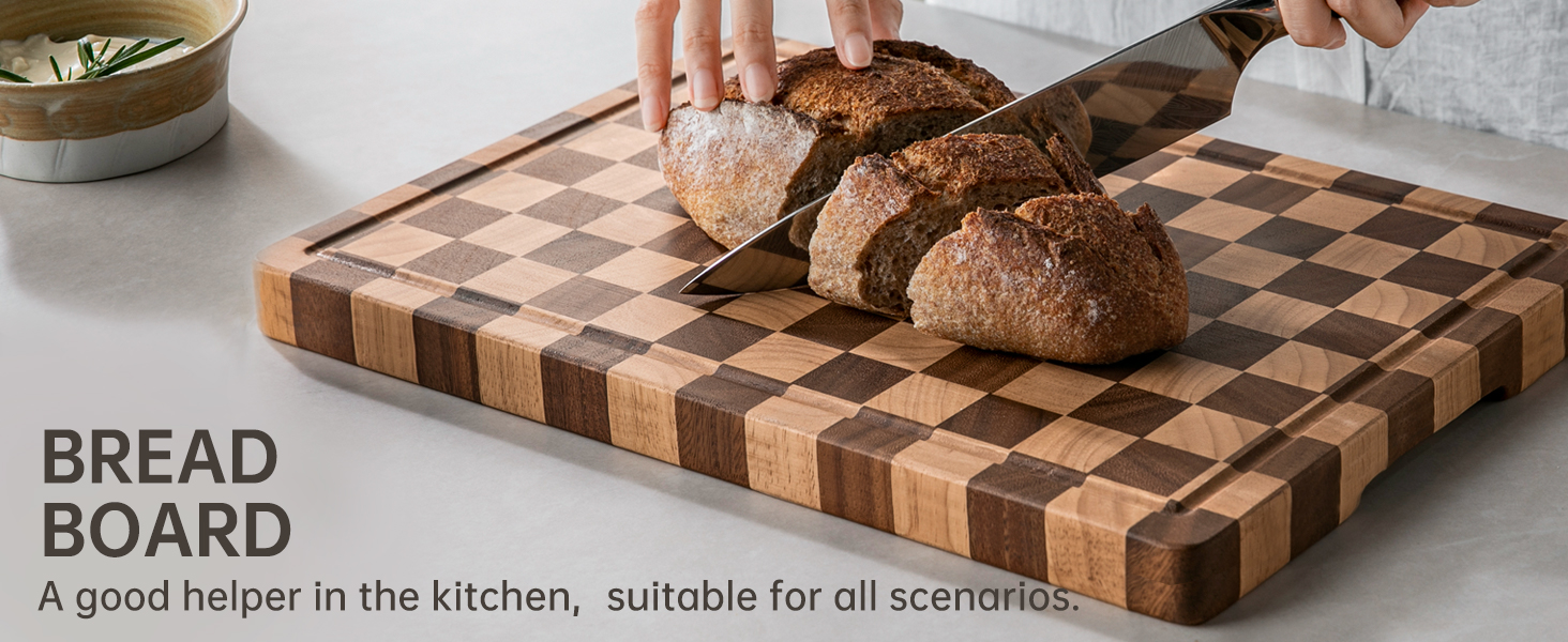 Cutting Boards for Kitchen, Checkered Cutting Board Upgraded, Acacia Wood Chopping Board with Juice Grooves & Handles, Large Butcher Block Serving Tray with Gift Box, 16.5" x 11.6" x 0.8"