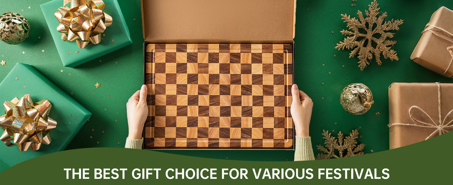 Cutting Boards for Kitchen, Checkered Cutting Board Upgraded, Acacia Wood Chopping Board with Juice Grooves & Handles, Large Butcher Block Serving Tray with Gift Box, 16.5" x 11.6" x 0.8"