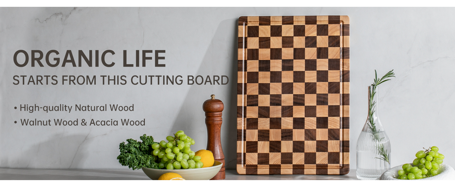 Cutting Boards for Kitchen, Checkered Cutting Board Upgraded, Acacia Wood Chopping Board with Juice Grooves & Handles, Large Butcher Block Serving Tray with Gift Box, 16.5" x 11.6" x 0.8"