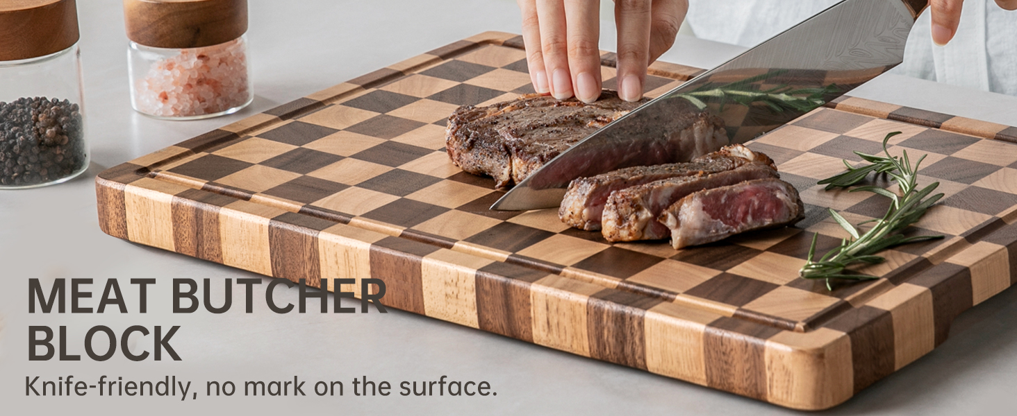 Cutting Boards for Kitchen, Checkered Cutting Board Upgraded, Acacia Wood Chopping Board with Juice Grooves & Handles, Large Butcher Block Serving Tray with Gift Box, 16.5" x 11.6" x 0.8"