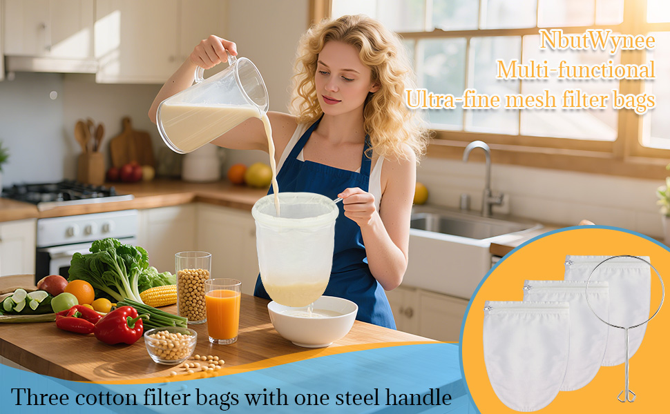 Fine Mesh Strainer, 3Pcs Reusable Cloth Strainer Bags with Stainless Steel Handle, Nut Milk Bag, Juice Strainer for Kitchen