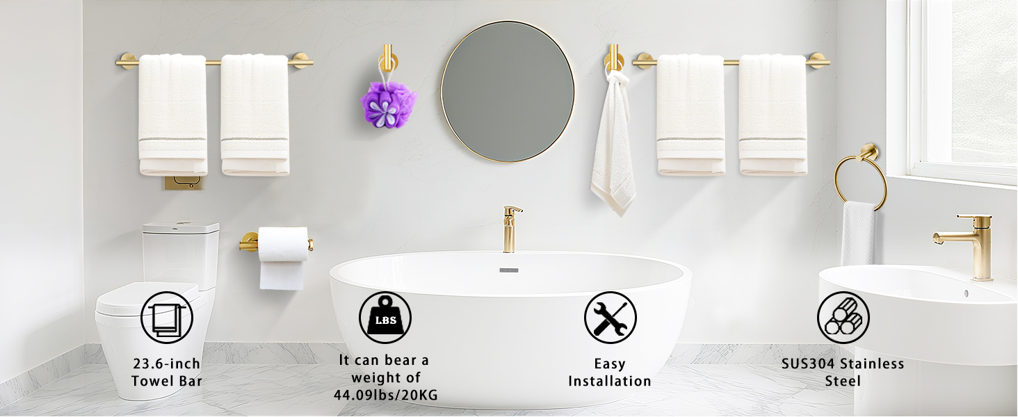 6 Pieces Brushed Gold Bathroom Hardware Accessories Set, SUS304 Stainless Steel 24 Inch Bath Towel Bar Set, Round Bathroom Towel Holder Set, Towel Racks for Bathroom Wall Mounted