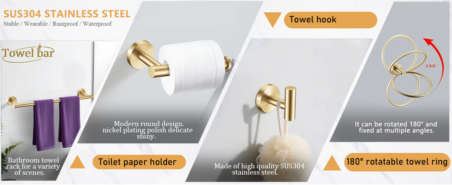 6 Pieces Brushed Gold Bathroom Hardware Accessories Set, SUS304 Stainless Steel 24 Inch Bath Towel Bar Set, Round Bathroom Towel Holder Set, Towel Racks for Bathroom Wall Mounted