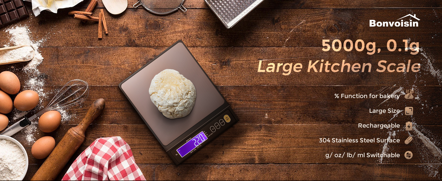 Bonvoisin Baking Scale 0.1 Gram Accuracy Digital Scale for Kitchen, Candle, Soap and Sourdough Bread Making, with Percentage Weighing Function, Weigh in Grams, Pounds and Ounces (10 lb)