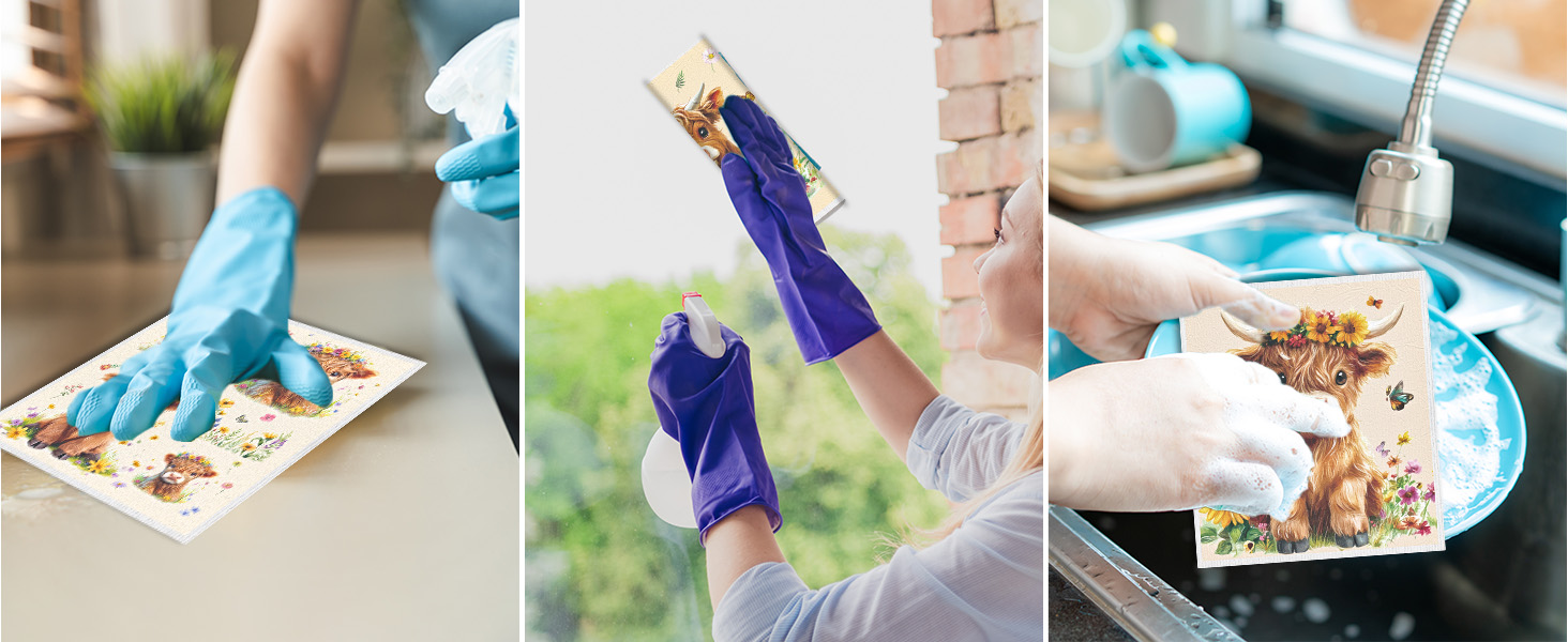 Swedish Dishcloths for Kitchen, 6PCS Floral Highland Cow Swedish Dish Cloths Gift Set, Reusable Washable Absorbent Dish Towel for Home Cleaning