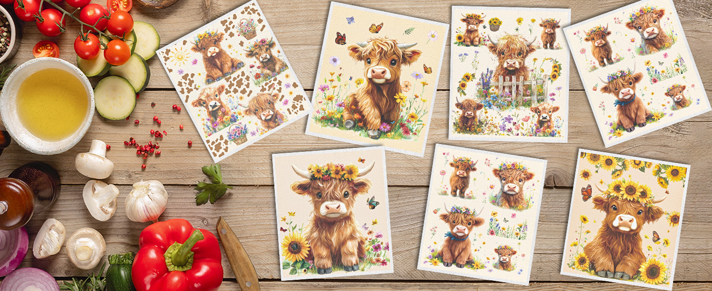 Swedish Dishcloths for Kitchen, 6PCS Floral Highland Cow Swedish Dish Cloths Gift Set, Reusable Washable Absorbent Dish Towel for Home Cleaning