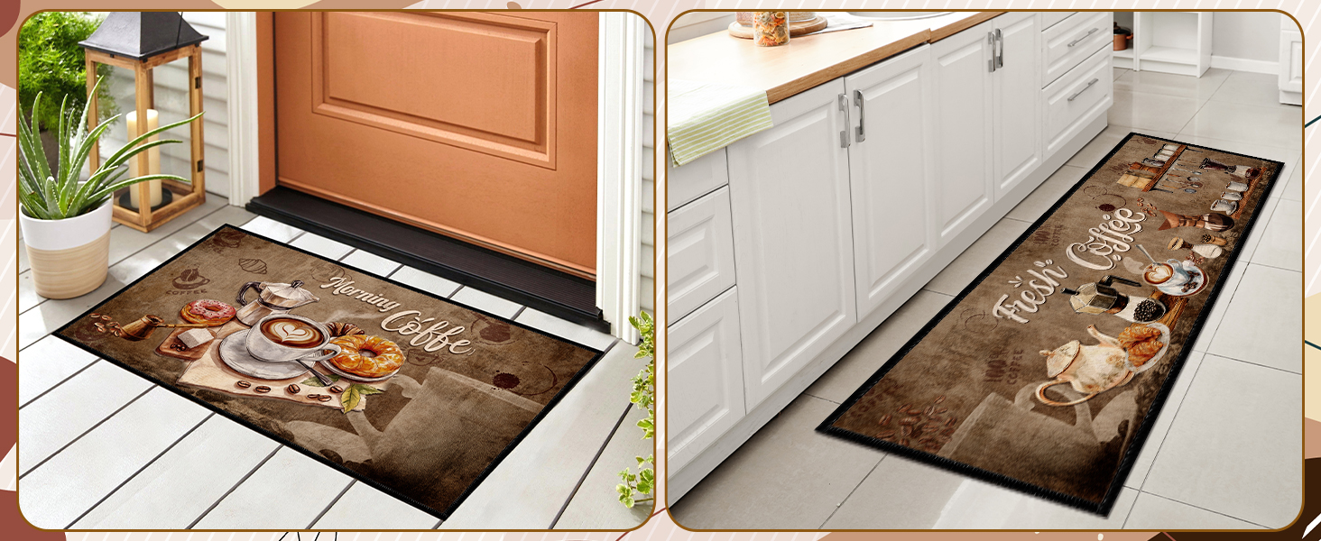Coffee Rugs for Kitchen Floor, Kitchen Mats for Floor 3 Pieces Non-Slip, Absorbent Washable Runner Rugs Farmhouse Style Kitchen Bar Mat(16x28 +16x47)