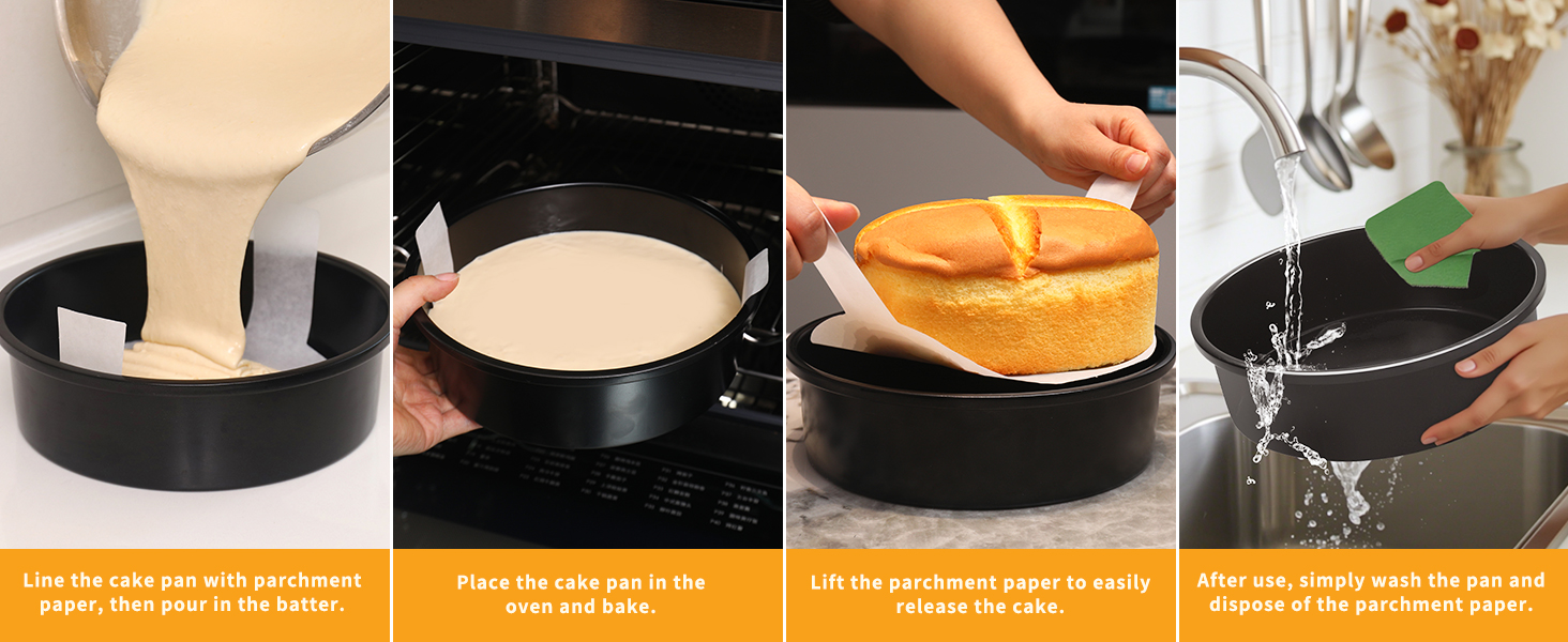 8 Inch Cake Pan Set of 3, Nonstick Round Cake Pans with 110 PCS Parchment Paper, Non-Toxic Carbon Steel Cake Baking Pans, Dishwasher Safe