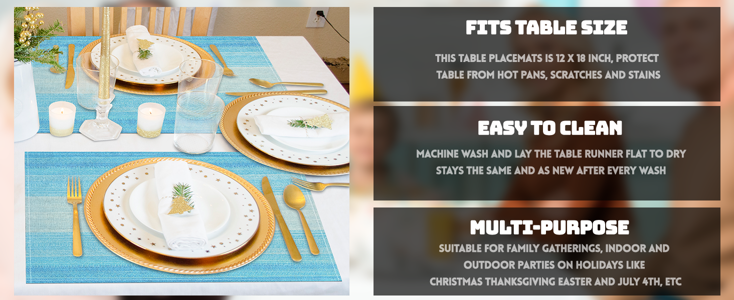 Niviy Placemats, Placemats Set of 4, 12x18 Inch Washable Place Mats Easy to Clean Heat Resistant Table Mats Wipeable Placemat for Holiday Party Kitchen Dining Table Decoration, Blue