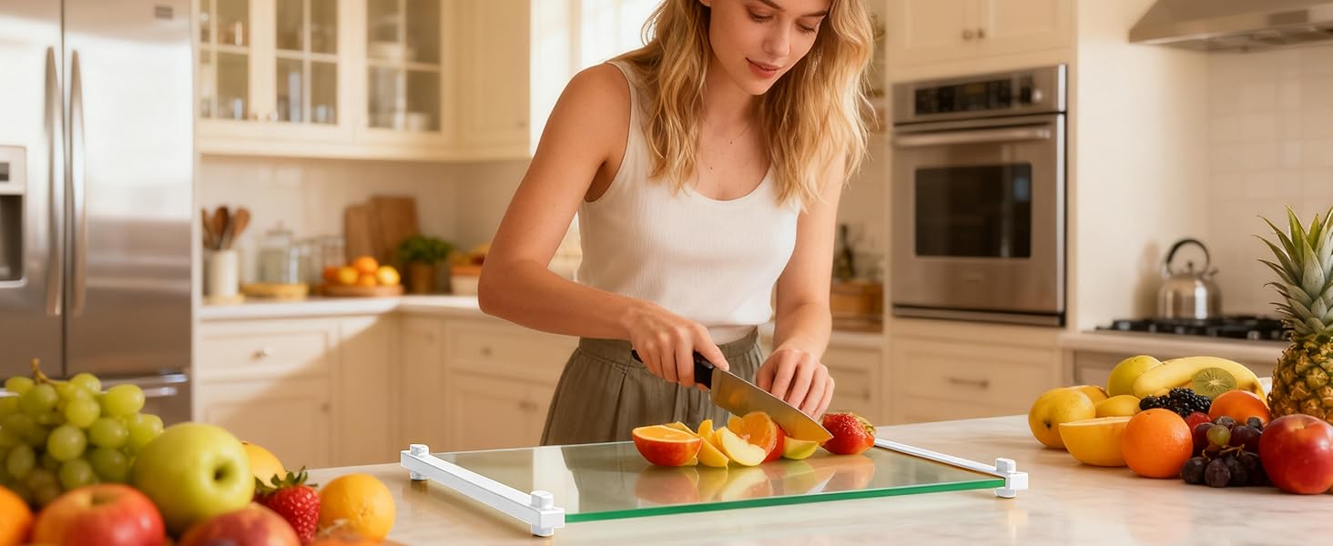 2Pcs Glass Cutting Boards for Kitchen(12x16" & 12x8"),Clear Tempered Glass Paired with White Silicone Grip,No Scratches/Microplastic-Free/Non Toxic,Excellent Gift for Mother's Day and Father's Day