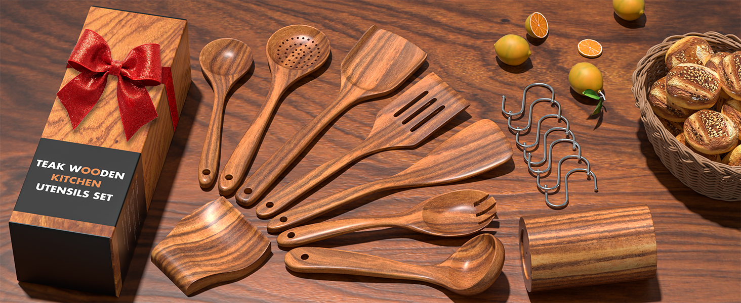 Natural Teak Kitchen Cooking Utensil Set with Holder, Wooden Spoons for Cooking, 10PCS Cooking Spatulas Set with Spoon Rest, Wooden Utensil Set for Nonstick Cookware Sturdy & Lightweight