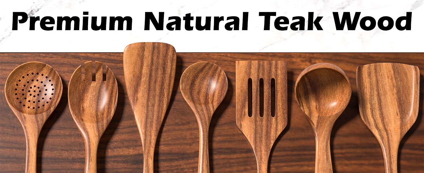 Natural Teak Kitchen Cooking Utensil Set with Holder, Wooden Spoons for Cooking, 10PCS Cooking Spatulas Set with Spoon Rest, Wooden Utensil Set for Nonstick Cookware Sturdy & Lightweight