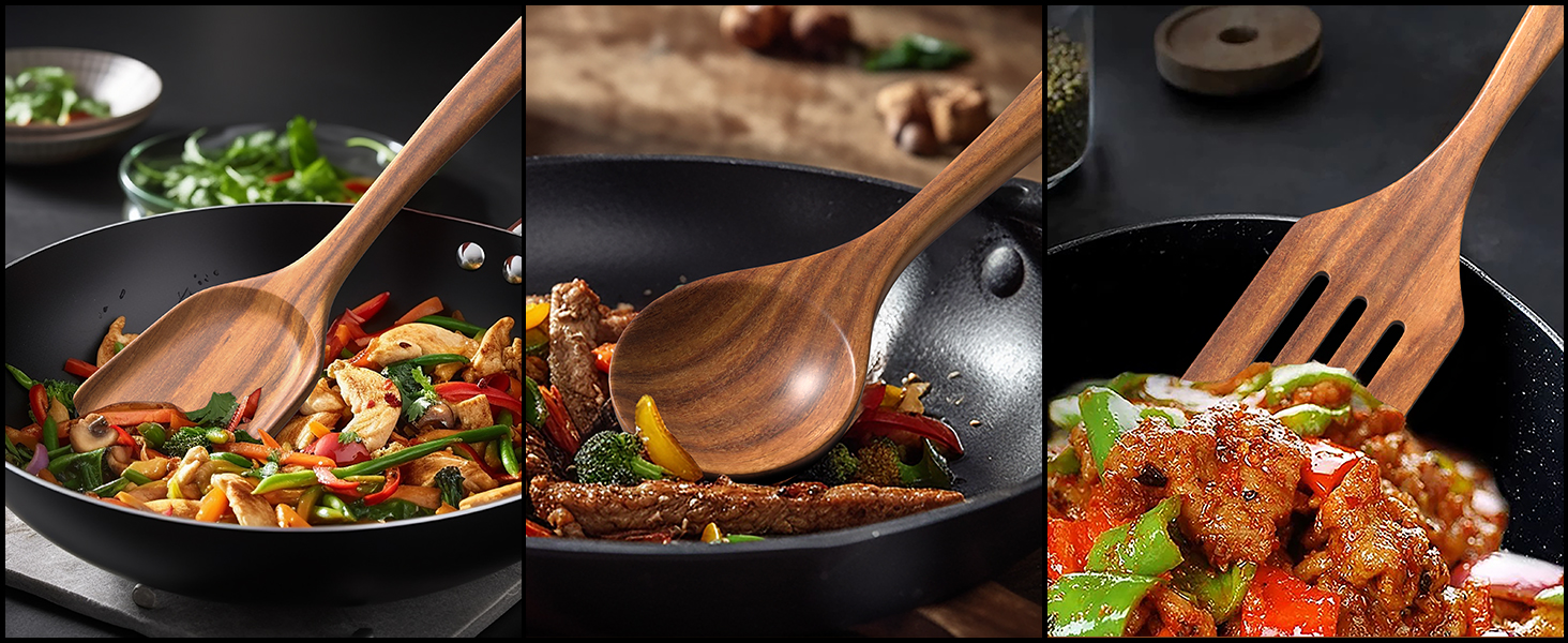 Natural Teak Kitchen Cooking Utensil Set with Holder, Wooden Spoons for Cooking, 10PCS Cooking Spatulas Set with Spoon Rest, Wooden Utensil Set for Nonstick Cookware Sturdy & Lightweight