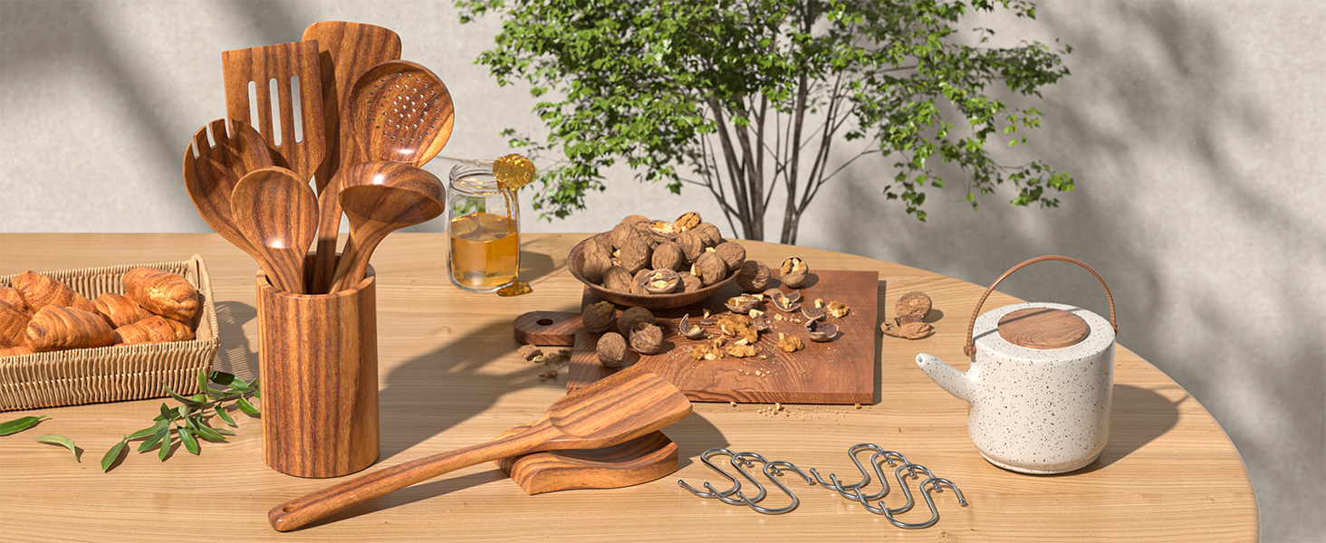 Natural Teak Kitchen Cooking Utensil Set with Holder, Wooden Spoons for Cooking, 10PCS Cooking Spatulas Set with Spoon Rest, Wooden Utensil Set for Nonstick Cookware Sturdy & Lightweight
