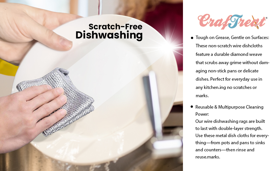 CrafTreat Non Scratch Wire Dishwashing Rag, 10 Pack Double Layer Reusable Wire Dishcloth, Silver Mesh Metal Cleaning Cloth for Pots, Pans, Sink, Steel Cookware, Wet & Dry Cleaning
