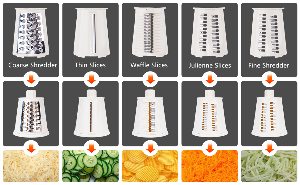 5 in 1 Rotary Cheese Grater Vegetable Slicer with Handle - Upgraded Hand Crank Cheese Grater with Handle and Strong Suction Base, Multi-Purpose Vegetable Slicer with 5 Well-Designed Blades