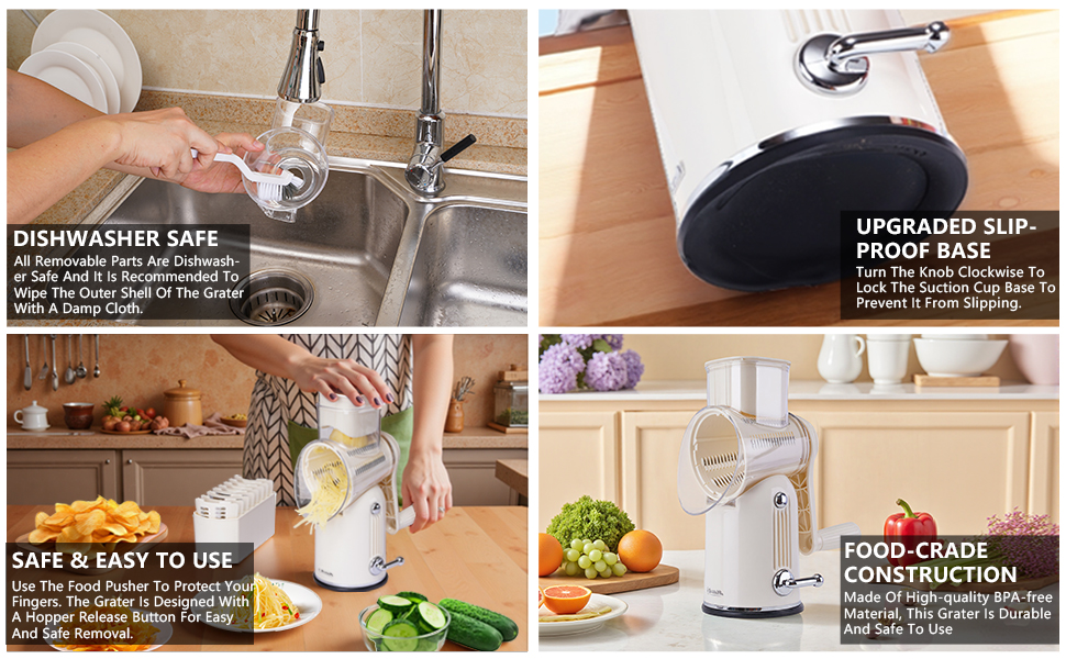 5 in 1 Rotary Cheese Grater Vegetable Slicer with Handle - Upgraded Hand Crank Cheese Grater with Handle and Strong Suction Base, Multi-Purpose Vegetable Slicer with 5 Well-Designed Blades