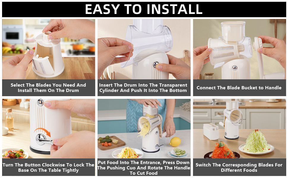 5 in 1 Rotary Cheese Grater Vegetable Slicer with Handle - Upgraded Hand Crank Cheese Grater with Handle and Strong Suction Base, Multi-Purpose Vegetable Slicer with 5 Well-Designed Blades