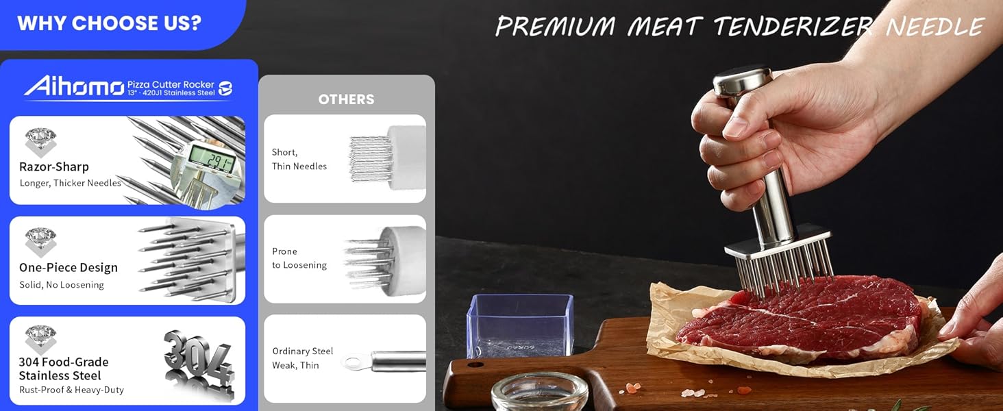 304 Stainless Steel Meat Tenderizer Tool with 18 Sharp Needles, Solid Needle Meat Tenderizer One-Piece Design, Heavy Duty BBQ Marinade Gadgets for Steak, Beef, Chicken, Pork, Dishwasher Safe