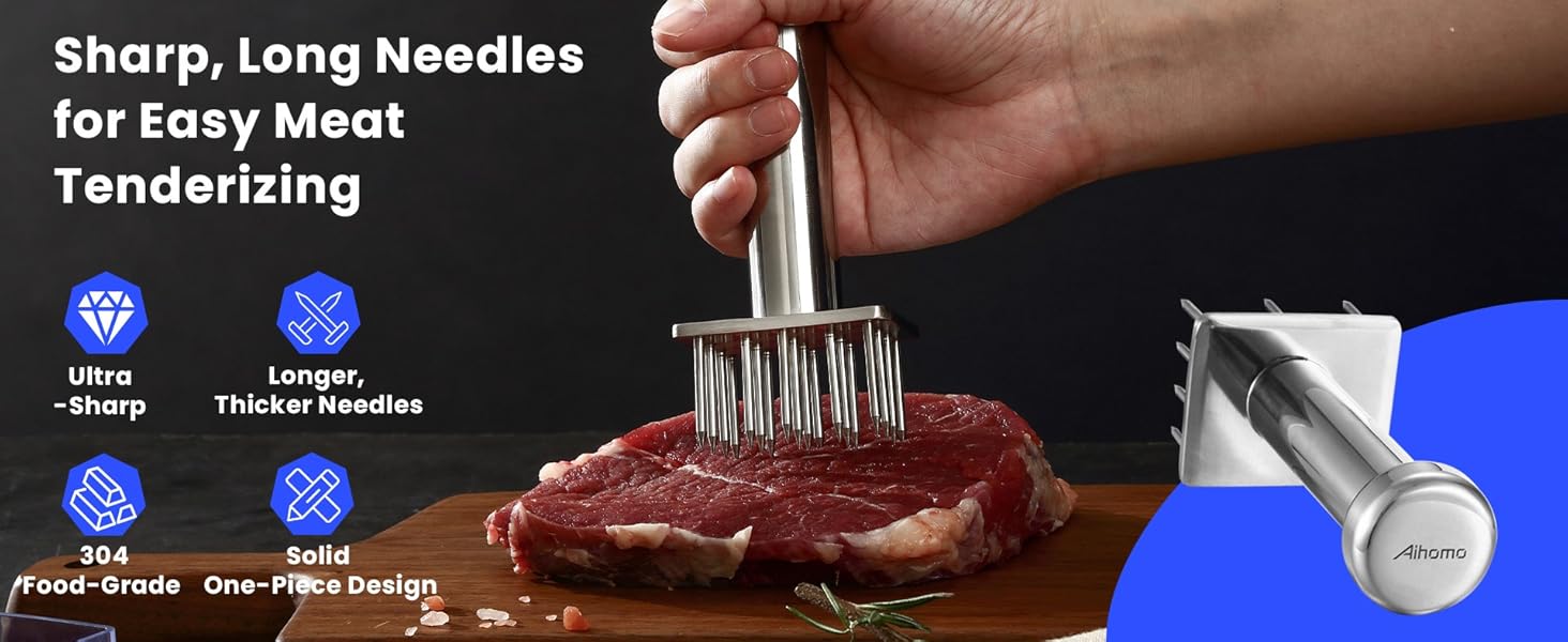 304 Stainless Steel Meat Tenderizer Tool with 18 Sharp Needles, Solid Needle Meat Tenderizer One-Piece Design, Heavy Duty BBQ Marinade Gadgets for Steak, Beef, Chicken, Pork, Dishwasher Safe
