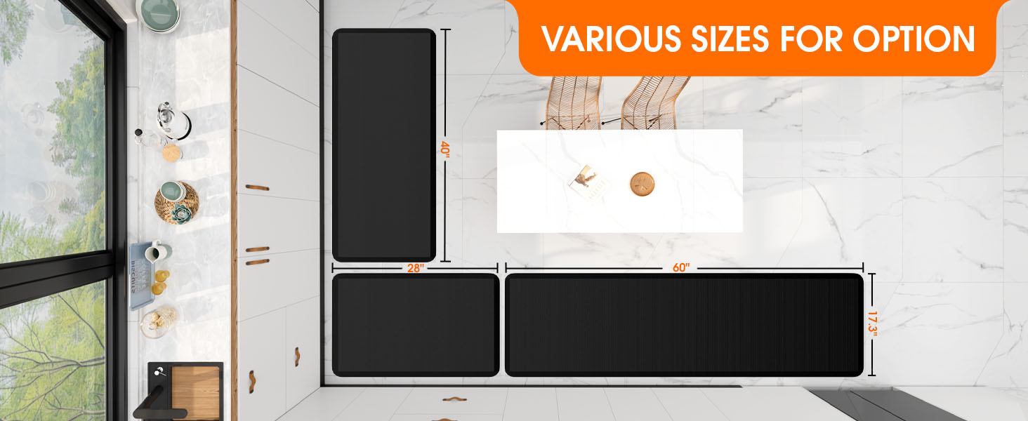 Kitchen Mat, Cushioned Thick Floor Comfort Mat, with Non-Slip Bottom, Water & Stain Resistant, Easy Clean Standing Desk Mat for Kitchen, Sink, Office (17.3