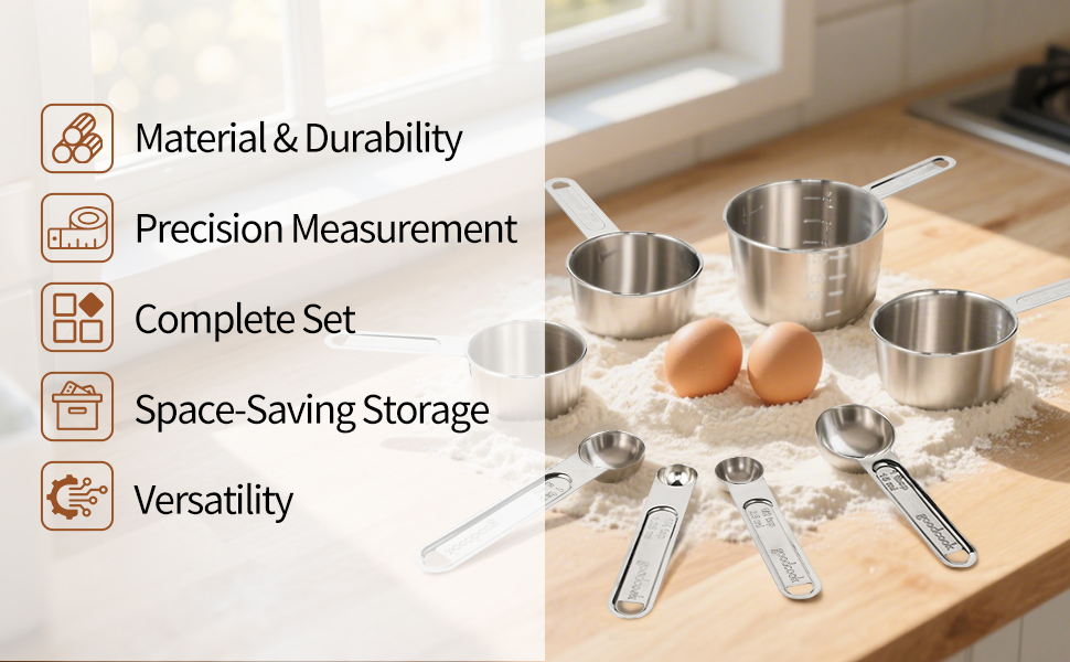 Measuring Cups and Spoons Set (8 Piece), Stainless Steel Measuring，4 Spoons, 4 Cups, Metal Measuring Cups for Cooking & Baking